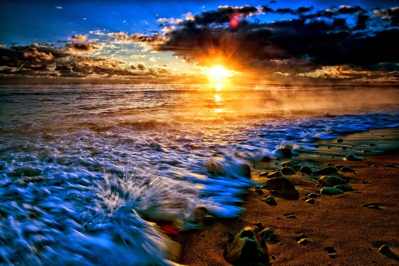 Ocean Waves at Sunset — Blue, Dramatic, Photograph, Sun, Clouds, Sand, Rocks