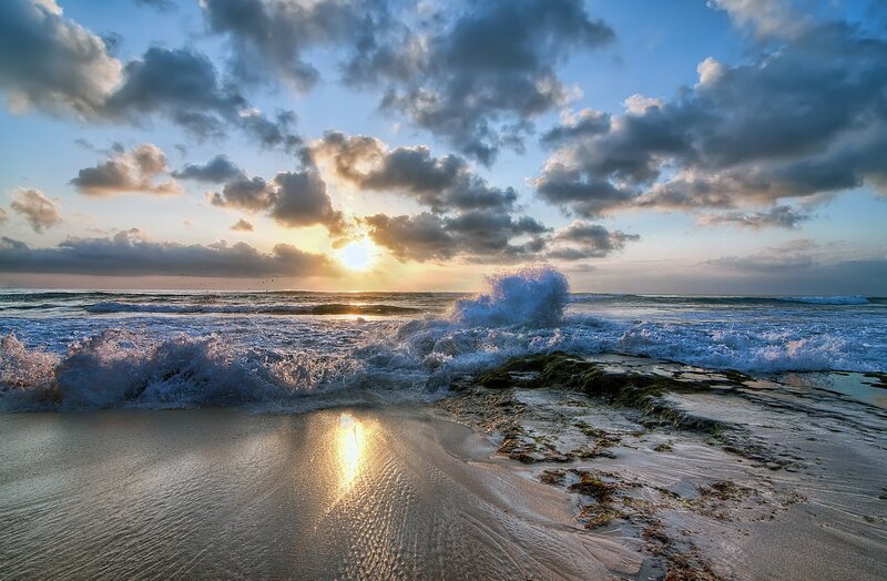 Ocean Waves at Sunset — Blue, Dramatic, Photograph, Sun, Clouds, Sand, Seaweed