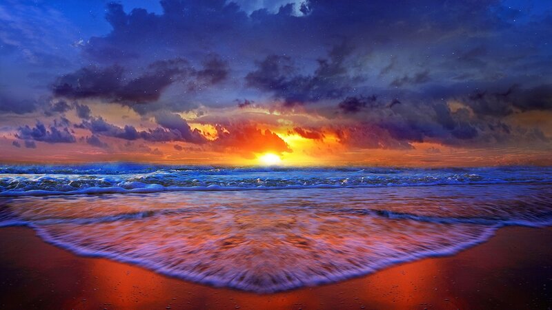 Ocean Waves at Sunset — Blue, Dramatic, Photograph, Sun, Clouds, Sand