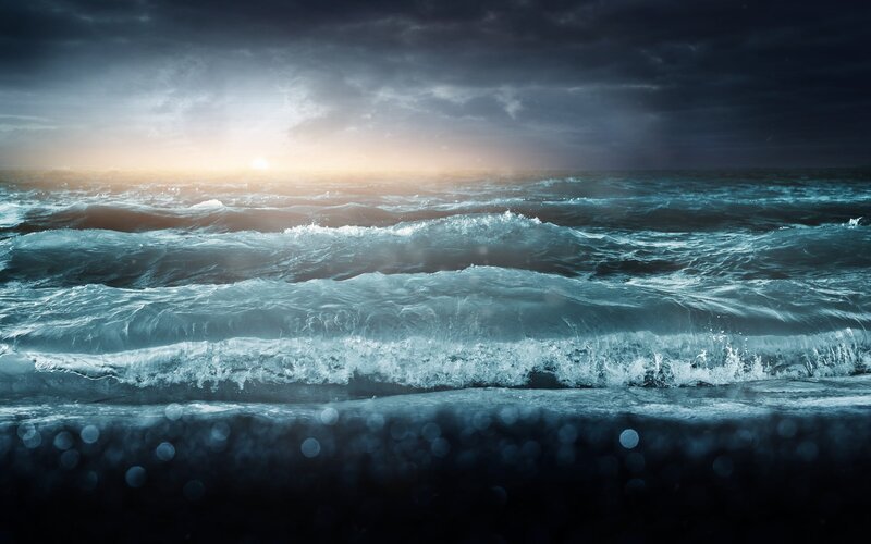 Ocean Waves at Sunset — Blue, Dramatic, Photograph, Sun, Clouds, Sea Foam
