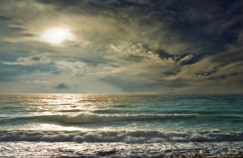 Ocean Waves at Sunset — Blue, Dramatic, Photograph, Sun, Clouds, Sea