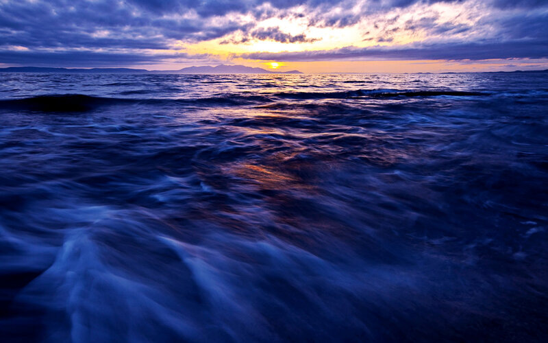 Ocean Waves at Sunset — Blue, Dramatic, Photograph, Sun, Clouds