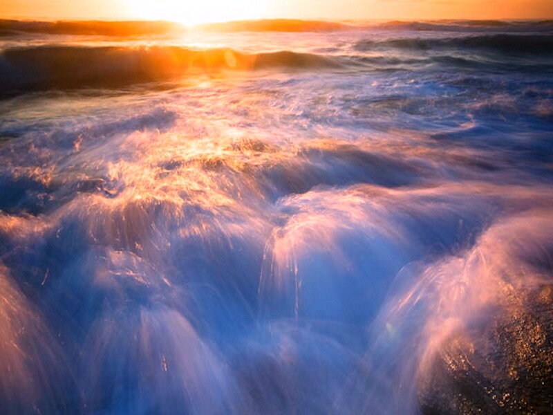 Ocean Waves at Sunset — Blue, Dramatic, Photograph, Sun, Foam