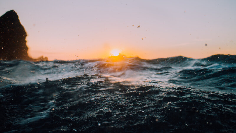 Ocean Waves at Sunset — Blue, Dramatic, Photograph, Sun, Rock