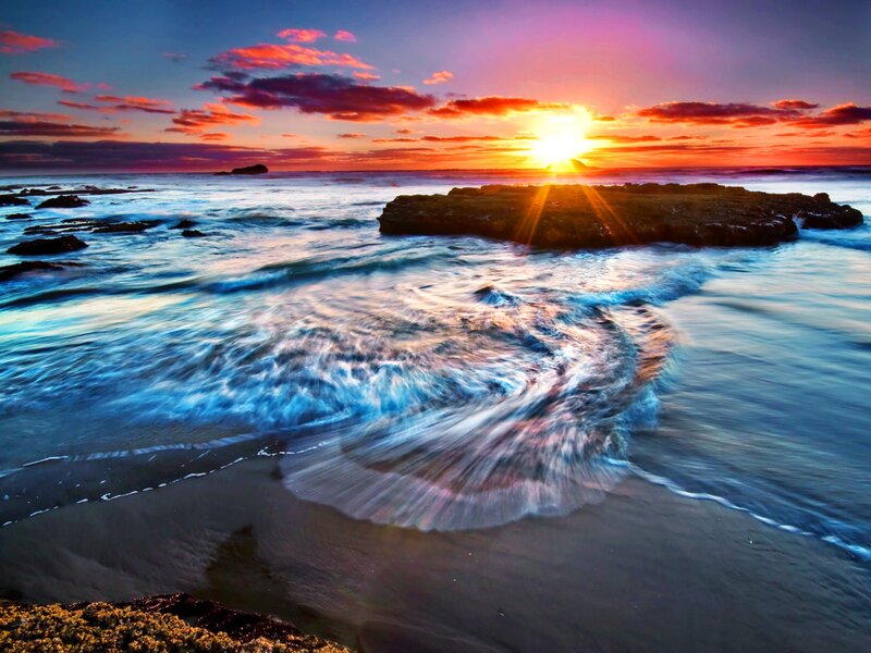 Ocean Waves at Sunset — Blue, Dramatic, Photograph, Sun, Rocks, Clouds
