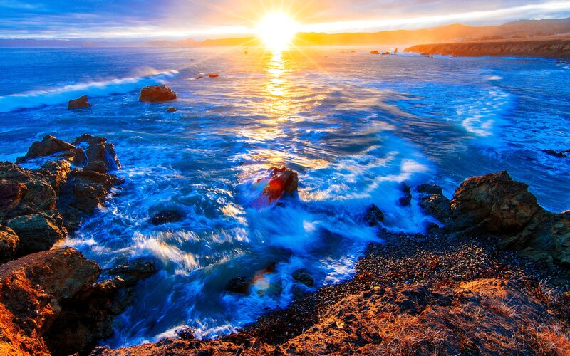 Ocean Waves at Sunset — Blue, Dramatic, Photograph, Sun, Rocks, Sea