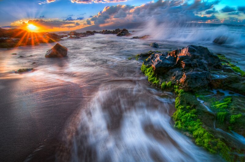 Ocean Waves at Sunset — Blue, Dramatic, Photograph, Sun, Rocks, Seaweed