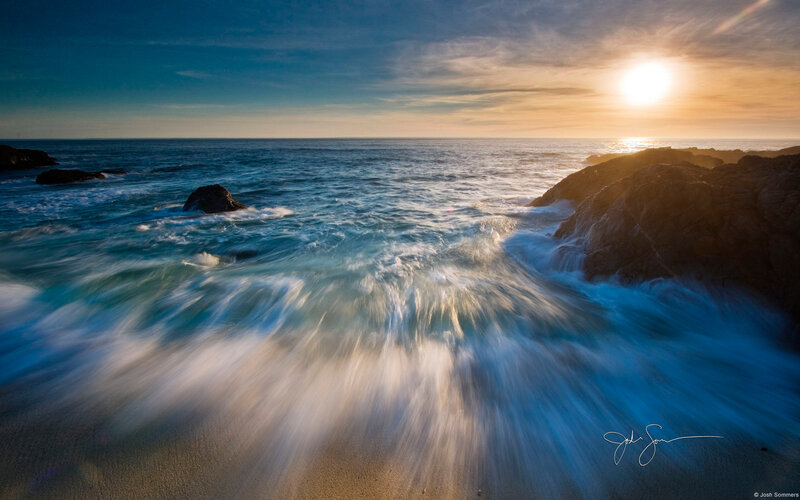Ocean Waves at Sunset — Blue, Dramatic, Photograph, Sun, Rocks