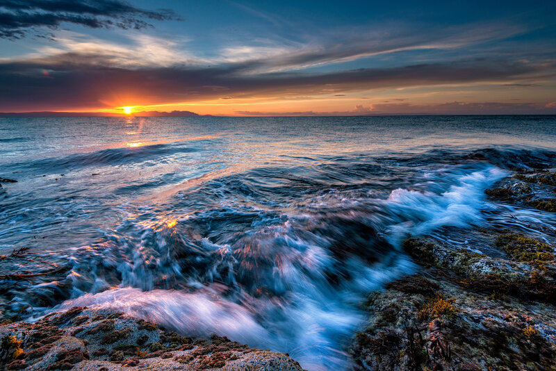 Ocean Waves at Sunset — Blue, Dramatic, Photograph, Sun, Sea