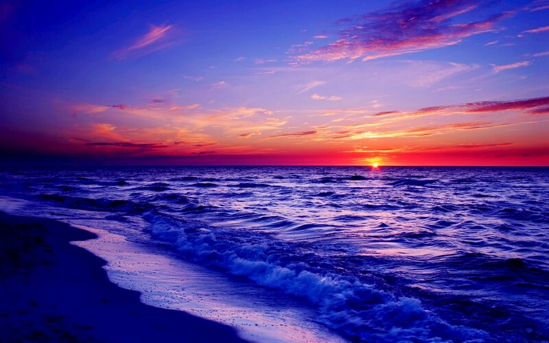 Ocean Waves at Sunset — Blue, Dramatic, Photograph, Sun, Sky, Beach