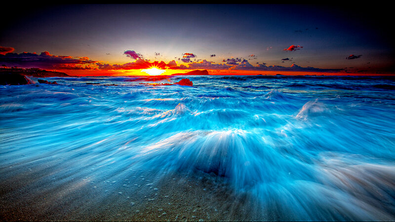 Ocean Waves at Sunset — Blue, Dramatic, Photograph, Sun, Sky, Clouds, Sand
