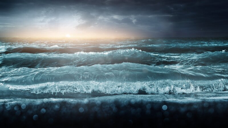 Ocean Waves at Sunset — Blue, Dramatic, Photograph, Sun, Sky, Clouds