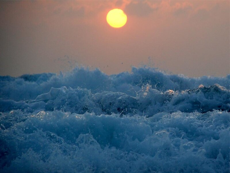 Ocean Waves at Sunset — Blue, Dramatic, Photograph, Sun, Sky, Orange