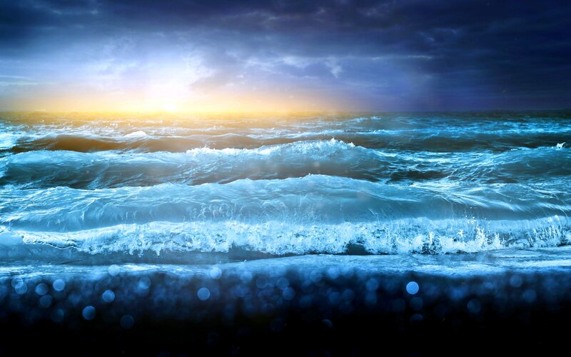 Ocean Waves at Sunset — Blue, Dramatic, Photograph, Sun, Sky