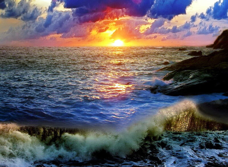 Ocean Waves at Sunset — Blue, Dramatic, Photograph, Sun