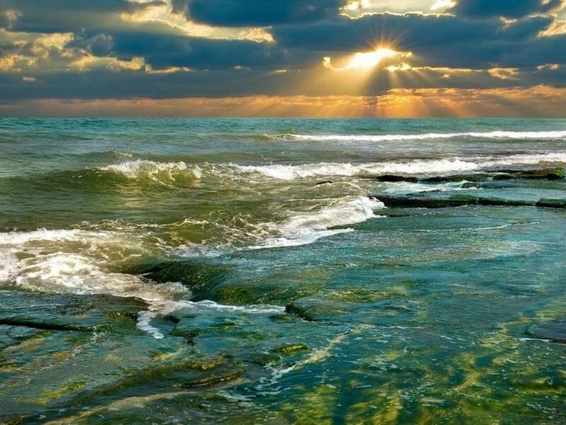 Ocean Waves at Sunset — Blue, Dramatic, Photograph, Sunlight, Clouds