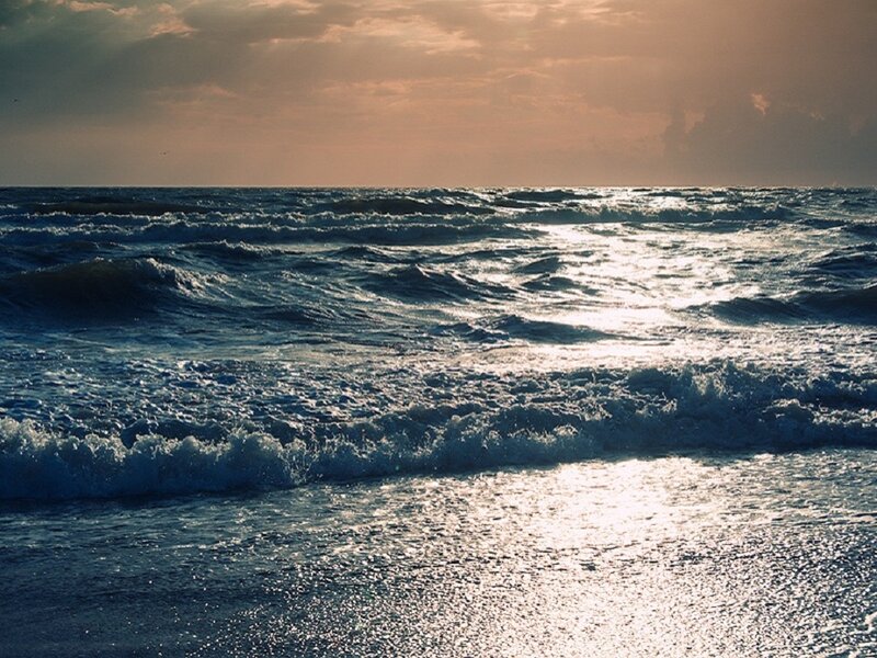 Ocean Waves at Sunset — Blue, Dramatic, Photograph, Sunlight