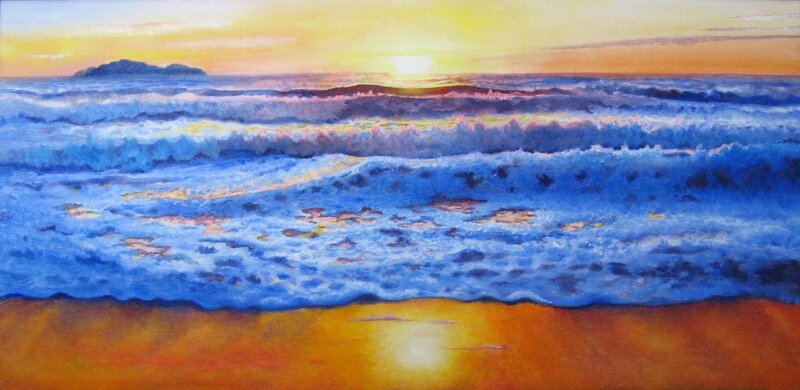 Ocean Waves at Sunset — Blue, Serene, Illustration