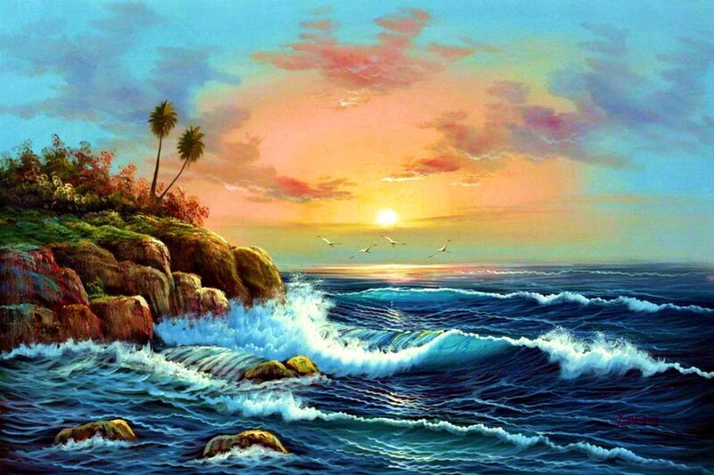 Ocean Waves at Sunset — Blue, Serene, Painting, Palm Trees