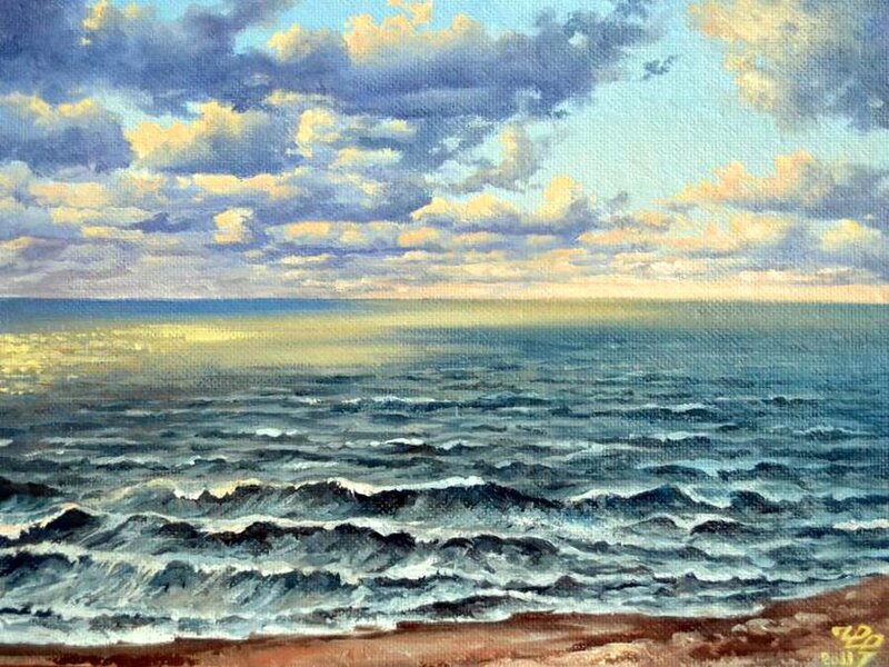 Ocean Waves at Sunset — Blue, Serene, Painting, Sky