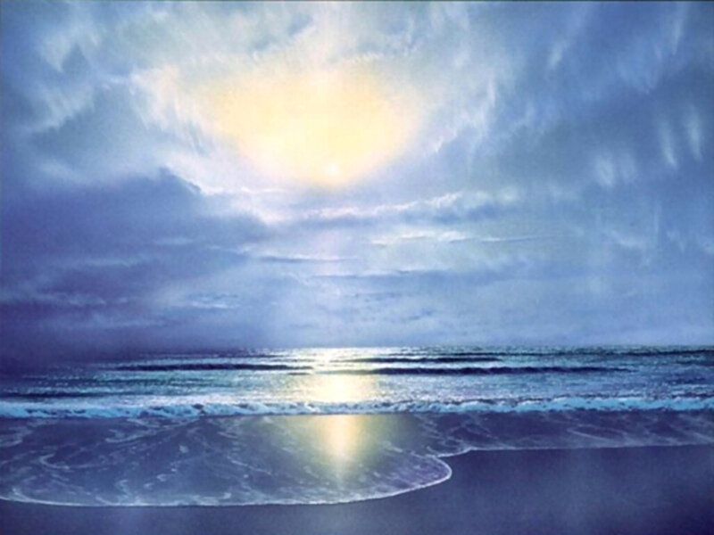 Ocean Waves at Sunset — Blue, Serene, Painting, Sun