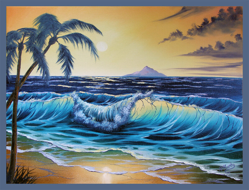 Ocean Waves at Sunset — Blue, Serene, Painting