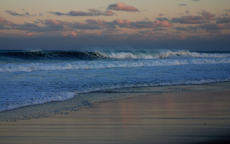 Ocean Waves at Sunset — Blue, Serene, Photograph, Beach, Sky, Clouds, Pink