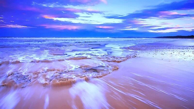 Ocean Waves at Sunset — Blue, Serene, Photograph, Beach, Sky, Clouds, Purple