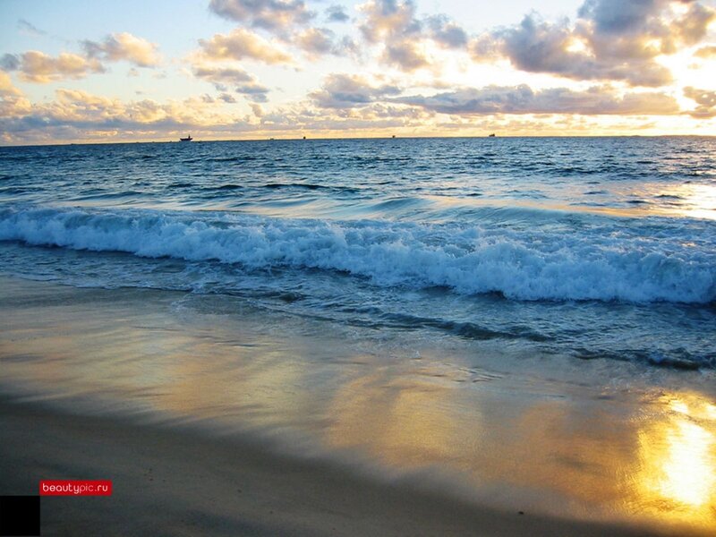 Ocean Waves at Sunset — Blue, Serene, Photograph, Beach, Sky, Clouds