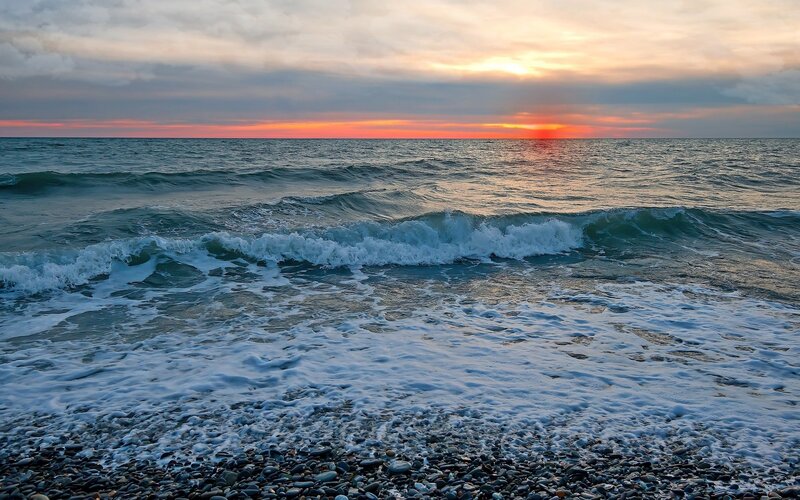 Ocean Waves at Sunset — Blue, Serene, Photograph, Beach, Sky, Sun