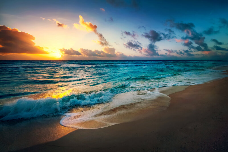 Ocean Waves at Sunset — Blue, Serene, Photograph, Beach, Sun, Clouds