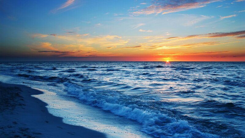 Ocean Waves at Sunset — Blue, Serene, Photograph, Beach, Sun