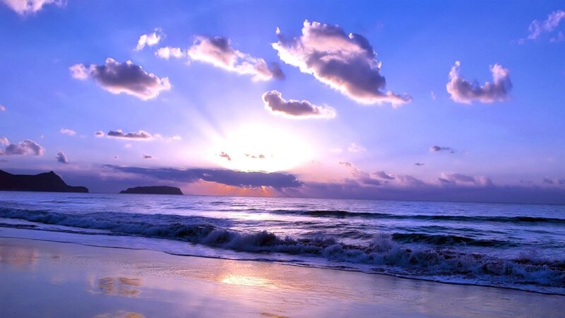 Ocean Waves at Sunset — Blue, Serene, Photograph, Clouds, Mountains