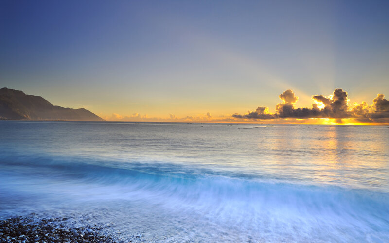 Ocean Waves at Sunset — Blue, Serene, Photograph, Mountain