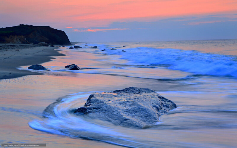 Ocean Waves at Sunset — Blue, Serene, Photograph, Rocks, Beach, Cliff