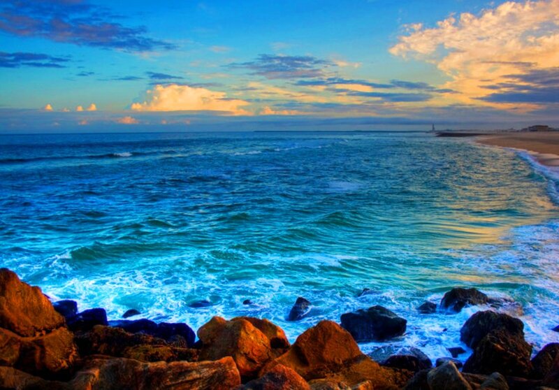 Ocean Waves at Sunset — Blue, Serene, Photograph, Rocks, Beach