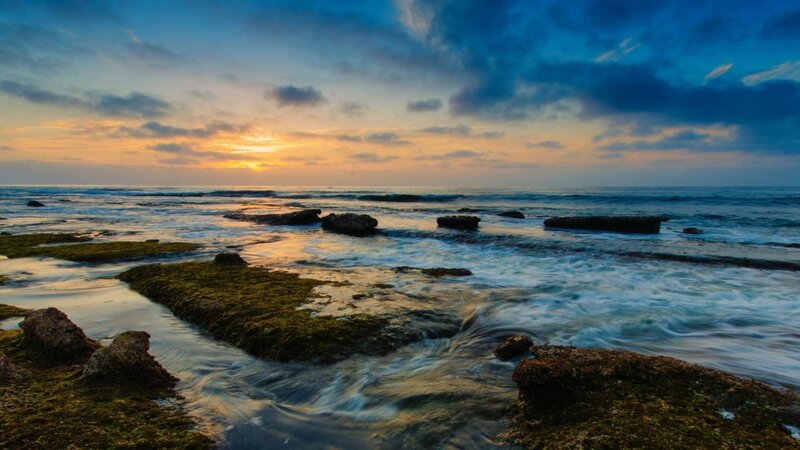 Ocean Waves at Sunset — Blue, Serene, Photograph, Rocks, Clouds, Sea
