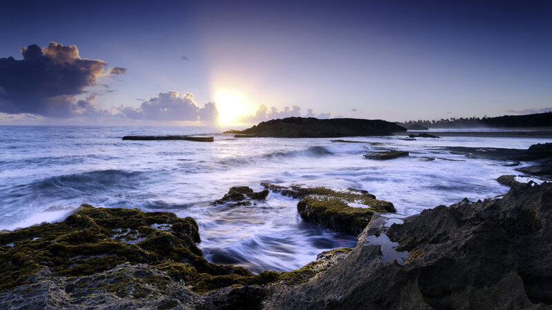 Ocean Waves at Sunset — Blue, Serene, Photograph, Rocks, Clouds