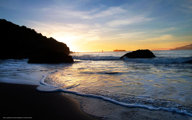 Ocean Waves at Sunset — Blue, Serene, Photograph, Rocks, Ship