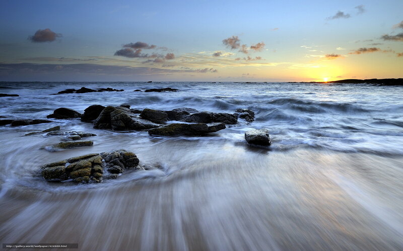 Ocean Waves at Sunset — Blue, Serene, Photograph, Rocks, Sky, Sun
