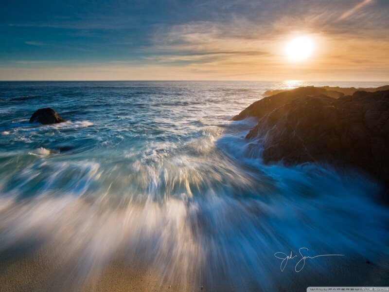 Ocean Waves at Sunset — Blue, Serene, Photograph, Rocks, Sun