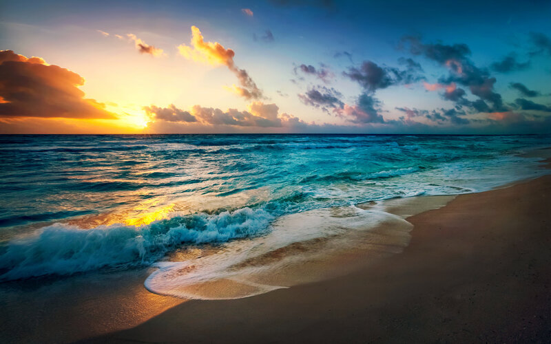 Ocean Waves at Sunset — Blue, Serene, Photograph, Sand, Clouds