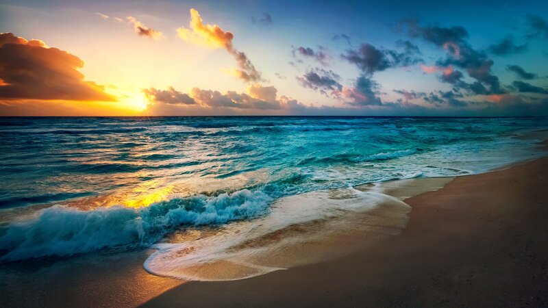 Ocean Waves at Sunset — Blue, Serene, Photograph, Sand, Sky, Clouds