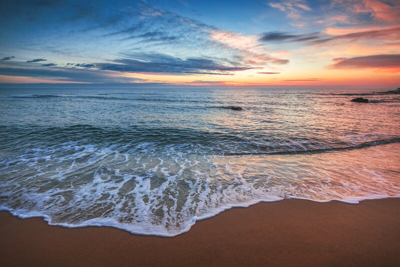Ocean Waves at Sunset — Blue, Serene, Photograph, Sand, Sky