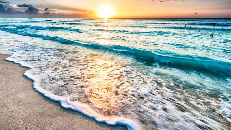 Ocean Waves at Sunset — Blue, Serene, Photograph, Sand, Sun, Clouds