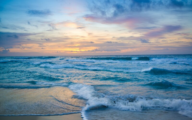 Ocean Waves at Sunset — Blue, Serene, Photograph, Sky, Beach, Clouds