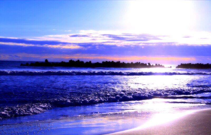 Ocean Waves at Sunset — Blue, Serene, Photograph, Sky, Beach