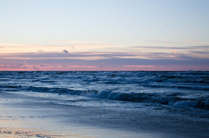 Ocean Waves at Sunset — Blue, Serene, Photograph, Sky, Clouds, Beach
