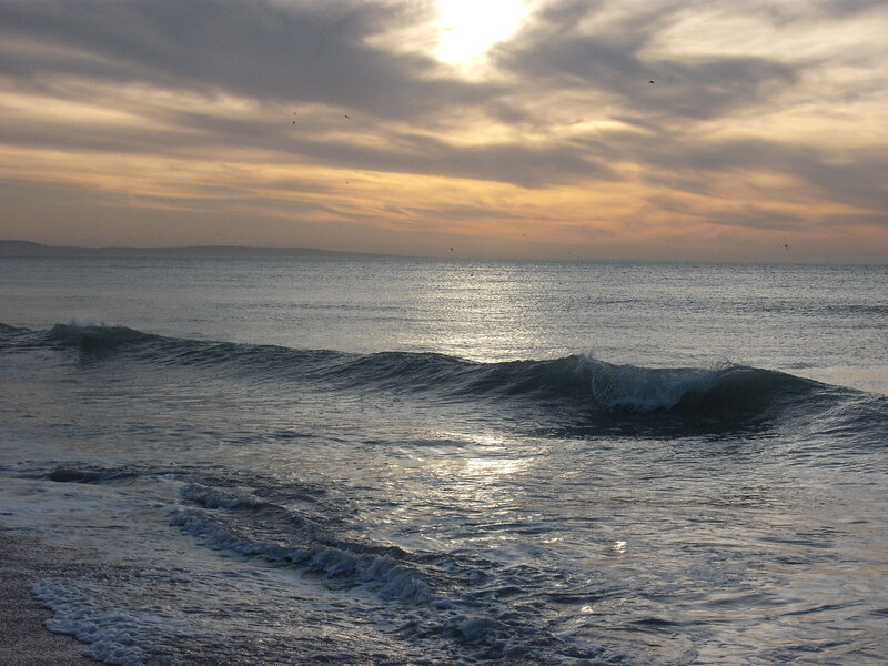 Ocean Waves at Sunset — Blue, Serene, Photograph, Sky, Clouds, Birds