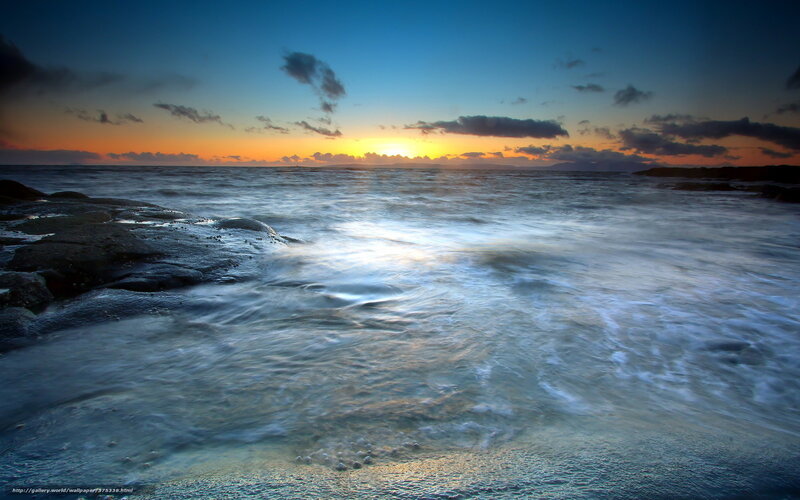 Ocean Waves at Sunset — Blue, Serene, Photograph, Sky, Clouds, Rocks